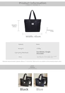 Detailed size chart for denim tote bag showing dimensions, weight, and strap length