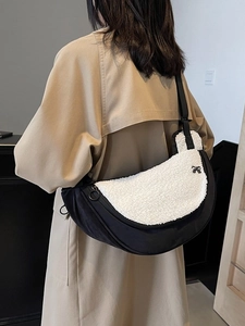 Fashionable black and white sherpa patchwork crescent crossbody bag for women
