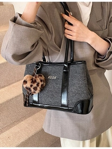 Women Large Capacity Retro Tweed Tote Bag Contrast Color PU Leather Shoulder Underarm Bag With Leopard Heart Charm Commute Travel