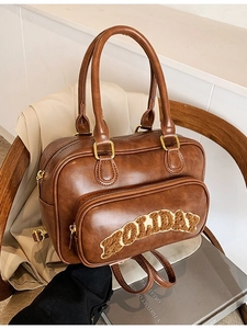 Vintage brown leather backpack and handbag with HOLIDAY embroidery for women