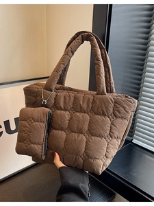 Chic dark brown quilted cloud tote bag with matching mini pouch and double handles