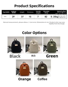 Size chart for quilted pattern backpack showing dimensions and five available color options