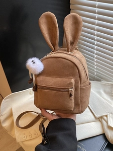 Mini sac à dos marron en similicuir suédé avec oreilles de lapin et pompon doux