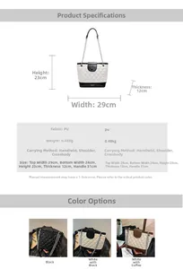 Size chart showing 23x29x12cm dimensions for the quilted PU leather tote bag