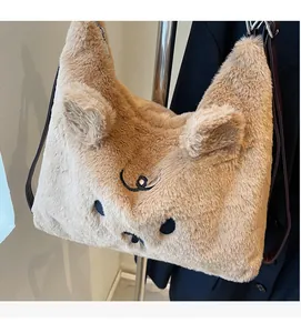 Detail of soft fuzzy bear backpack with cute facial embroidery and plush brown ears
