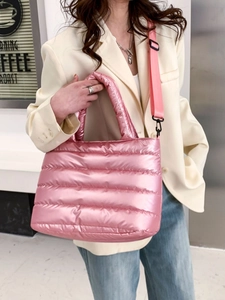Damen Große Kapazität Gesteppte Puffer Umhängetasche Metallic Nylon Tote Tasche Mit Abnehmbarem Schultergurt Koreanische Handtasche
