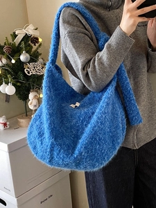 Klein blue wool hobo bag with knit texture and large capacity for winter casual wear