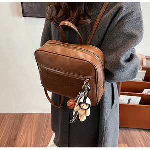 Detailed view of brown retro backpack with decorative teddy bear and basketball keychain