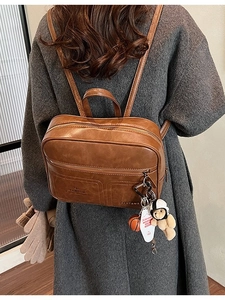 Vintage Women PU Leather Backpack Large Capacity Fashion School Bag With Bear Basketball Charms Casual Office Travel Daily Laptop Backpack
