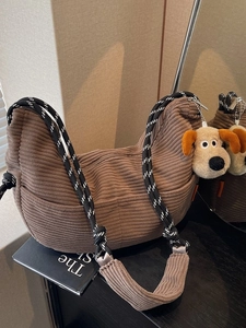 Women Corduroy Crossbody Bag Large Capacity Hobo Shoulder Bag With Braided Rope Strap And Plush Dog Charm Casual Daily Bag