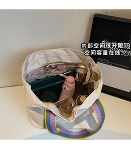 Large tote bag interior showing spacious capacity with daily essentials and tablet