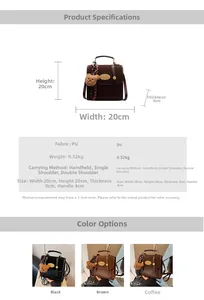 Tableau des dimensions montrant la taille 20x20x9cm pour le sac carré rétro en cuir PU