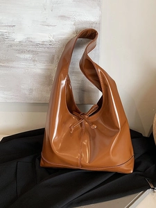 Women Large Capacity Glossy Patent Leather Shoulder Bag Fashion Bow Tote Underarm Bag Retro Minimalist Commuting Hobo Bag