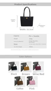 Detailed view of tote bag materials and size specs with five available color options