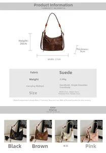 Dettaglio della borsa tote in pelle scamosciata vintage con misure ed emblema