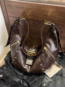 Vintage dark brown leather hobo bag with metal rivets and large capacity shoulder strap