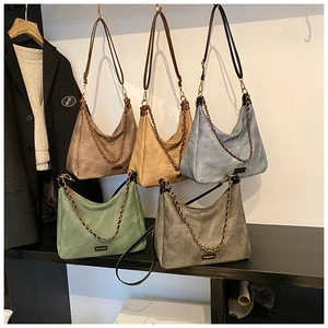 Close-up of vintage hobo bag details with metal chain and fashion brand label