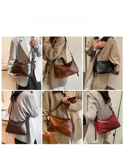 Multiple views of stylish leather crossbody bags in four retro colors for women