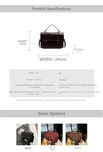 Detailed specs of the vintage PU crossbody bag featuring dimensions and color options