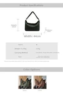 Detail showing dimensions and material of the plaid tote bag in green and coffee colors