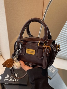 Women Mini Boston Bag Retro Shiny PU Leather Pillow Handbag Vintage Crossbody Bag With Baseball Charm Elegant Daily Satchel