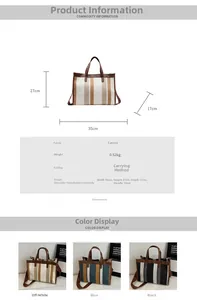 Detailed chart of striped canvas tote bag showing dimensions and three carrying styles
