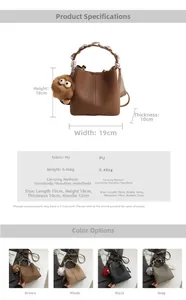 Detailed specs of PU leather bucket bag with silk scarf handle and plush pendant accessory