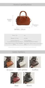 Detailed view of structured PU leather handbag with dimensions and five color options