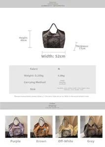 Size guide for ethnic tote bag showing large capacity dimensions and four color options