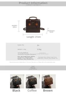 Detailed size specifications and color options for the star-decorated multi-way PU backpack
