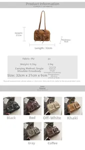 Detailed size guide for the large PU leather retro Boston bag showing dimensions and colors