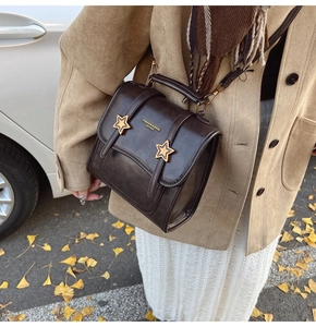 Detail of dark brown retro leather crossbody bag with star-shaped gold buckles in autumn setting