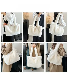 Vues multiples d'un sac cabas en fausse fourrure blanche montrant les styles épaule et main