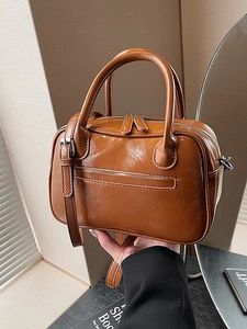 Minimalist brown PU leather box handbag with top handles and adjustable crossbody strap