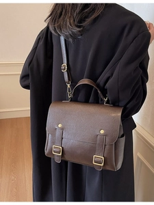 Retro dark brown PU leather satchel backpack with gold hardware and top handle for women