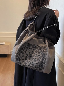 Vintage grey bandana print tote bag with woven handles and drawstring closure for women