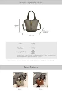Detailed size specifications and color options for the matte PU leather bucket handbag