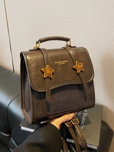 Vintage PU Leather Square Backpack For Women With Gold Star Buckles Multi-way Shoulder Crossbody Handbag Preppy Fashion Bag