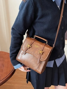 Brown vintage PU leather satchel with star buckles and adjustable strap for women