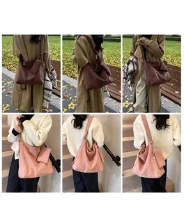 Detailed views of vintage matte tote bag with matching pouch in brown and pink colors