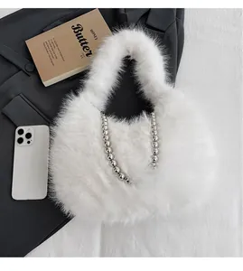 Detailed top view of white faux fur hobo bag featuring a silver beaded handle strap