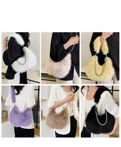 Faux fur shoulder bag details showcasing metal ball chain straps in six diverse colors