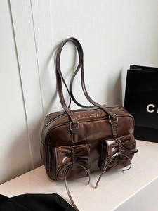 Vintage PU Leather Bow Shoulder Bag Large Capacity Contrast Stitching Boston Handbag Daily Travel Backpack For Women