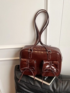 Vintage dark brown large capacity faux leather shoulder bag with bow knot front pockets