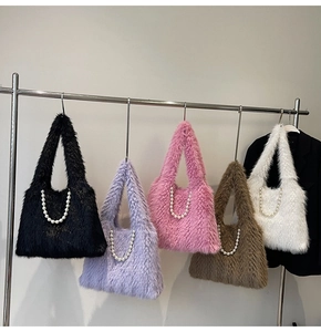 Faux fur tote bags with pearl chains in black, purple, pink, brown, and white colors