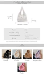 Size chart showing large faux fur tote bag dimensions 39x27x11cm in five colors