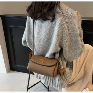 Detailed view of brown lychee leather bag with golden triangle logo and dog charm