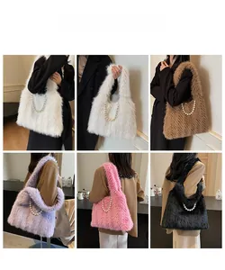 Collage of plush tote bags in multiple colors featuring pearl beaded handles and large capacity