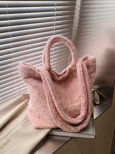 Sac Cabas en Peluche Rose pour Femmes Grande Capacité Doux Automne Hiver Sac à Épaule Sac à Main en Polaire Chaud