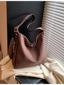 Retro dark brown frosted suede tote bag with wide strap and matching side zipper pouch
